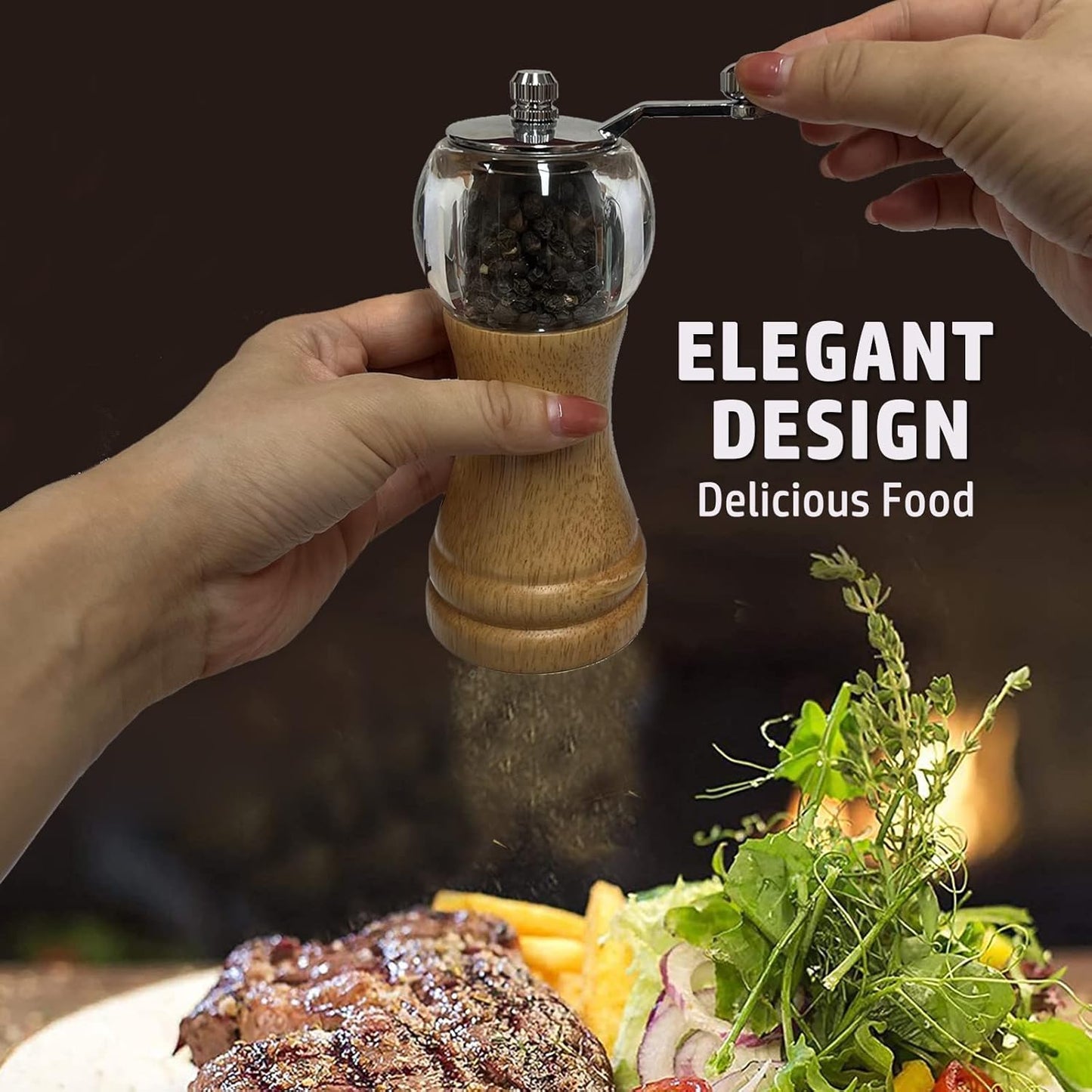 Pepper Mill Set，Manual Pepper Mills, Classical Hand Shake Wooden Pepper Grinder Set，Salt Mills，Wooden Pepper Mill，Ceramic Blades Metal Handle，Enjoy Fresh Ground Pepper (Burlywood 1pcs-6in)