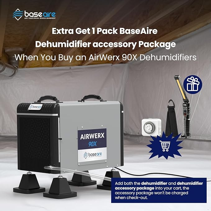 BaseAire AirWerx90X Energy Star Dehumidifier for Crawl Space Basement, 198 Pints Commercial Dehumidifier with Pump, 5 Years Warranty, Intelligent Humidity Control, Auto Shut off/Restart