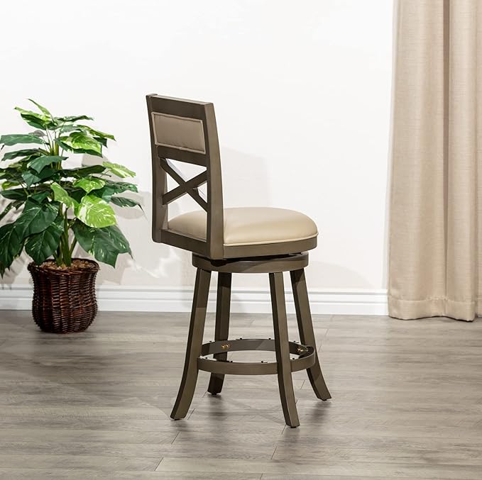 DTY Indoor Living Meeker 24 Inch Counter Height Bar Stools with Backs - Wooden Swivel Counter Stools for Kitchen Island - French Gray Leather Seat, Solid Wood Frame, Weathered Gray Finish