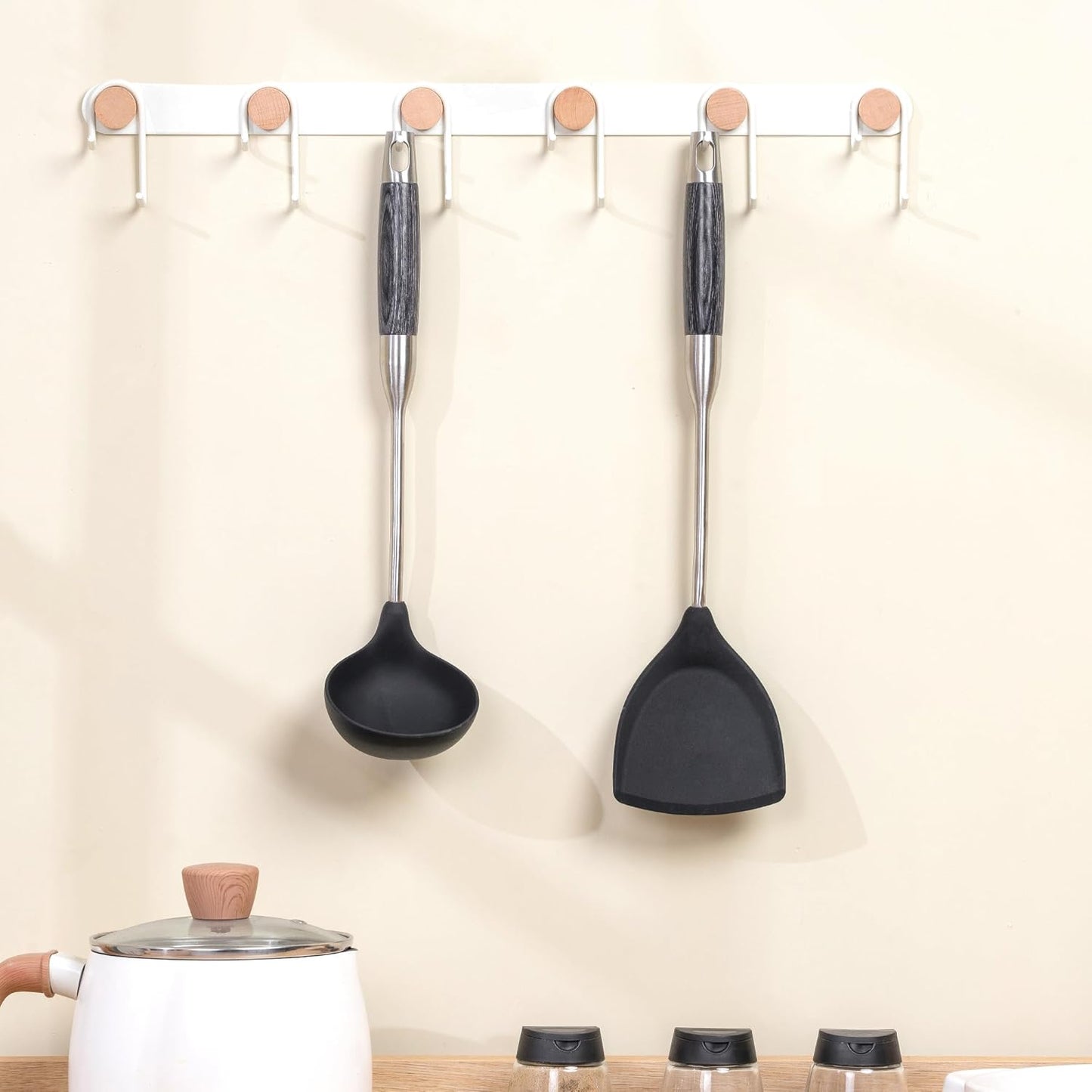 FJNATINH Silicone Wok Spatula and Ladle Set - Stainless Steel Wok Tools, Wok Utensil,Non Stick Heat-Resistant Cooking Utensils BPA Free Kitchen Utensils Cookware (Black Stainless Steel-2PCS)