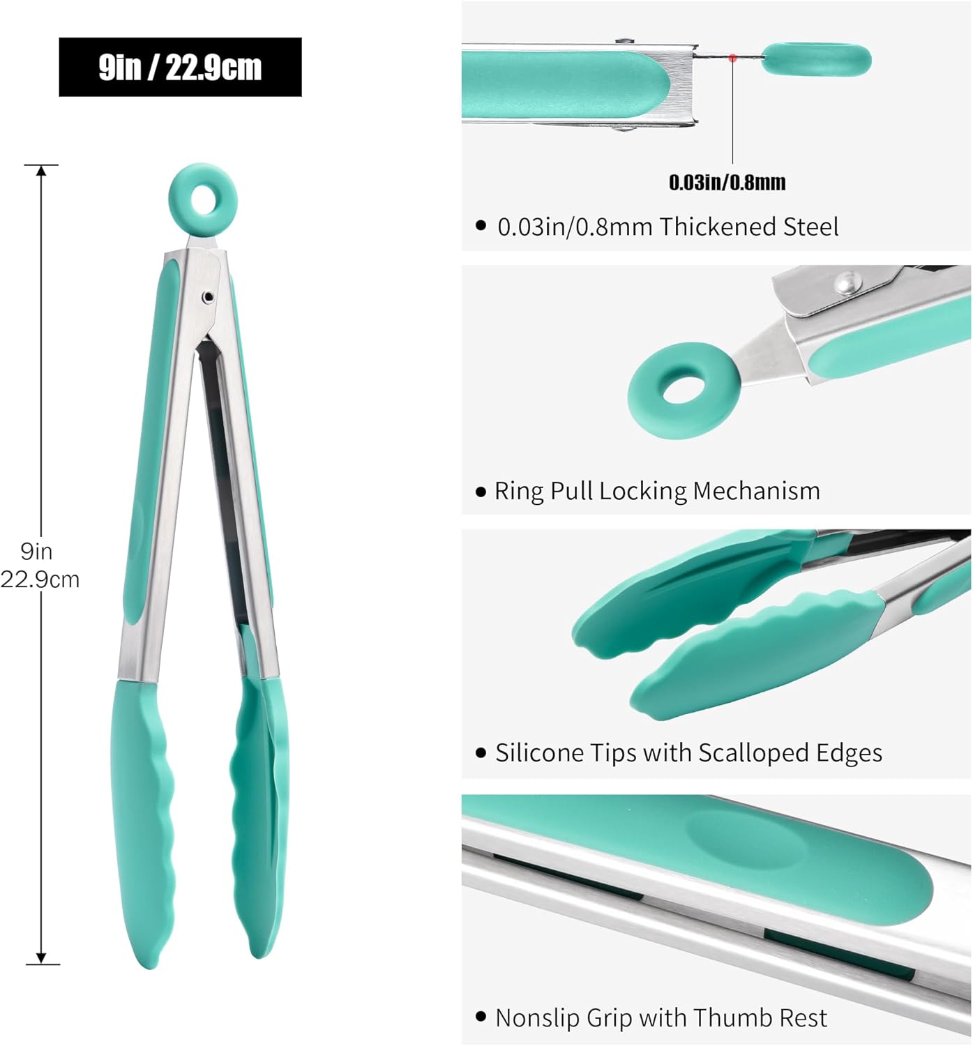 Doosu Kitchen Tongs for Cooking - 600°F Heat Resistant Food Tong with Non-Scratch Silicone Tips, Heavy Duty Stainless Steel Locking Tong for BBQ, Grilling Steak, Serving Salad, Pasta (9in, Aqua Sky)