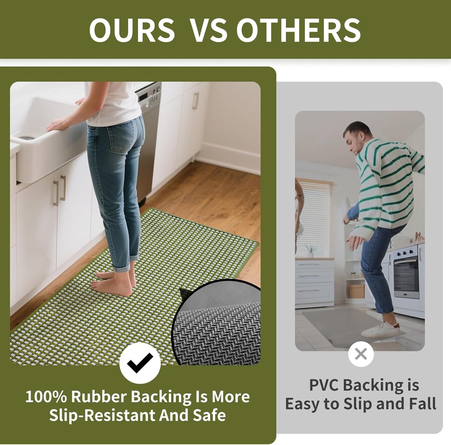 Long Kitchen Runner Rugs Kitchen Mat Non Slip Washable, Super Absorbent Soft Chenille Braided Kitchen Mats for Floor, Rubber Backing Kitchen Floor Sink Standing Mat, Easy Clean, Green 17"x71"