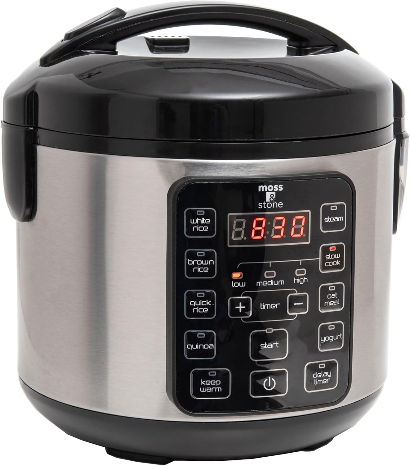 Moss & Stone - Small Digital Electric Rice Cooker, 4-8 Cups, 10 Preset Settings, Brown and White Rice Steamer, Slow Cooker with Steamer for Vegetables, Pot