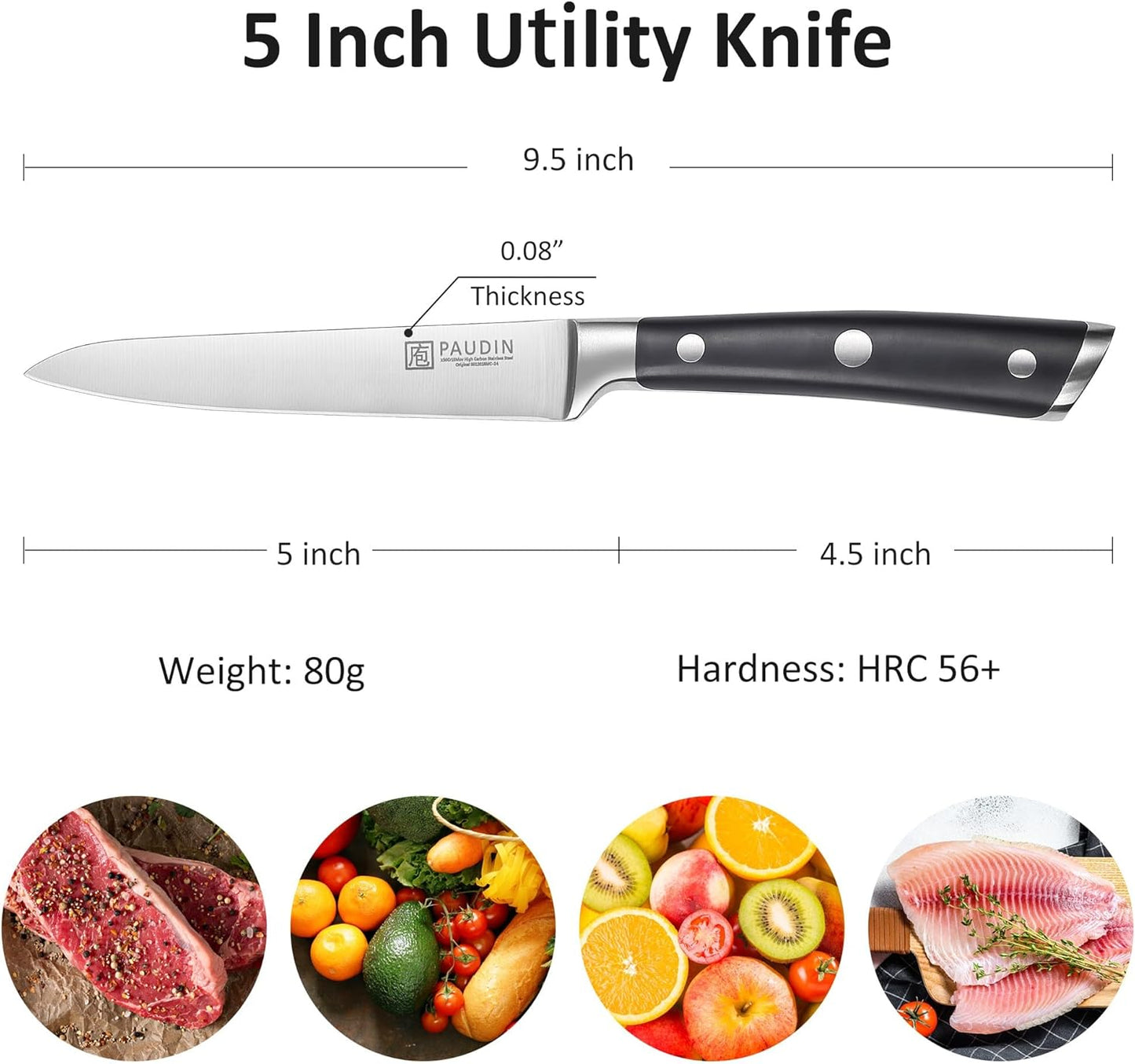 PAUDIN Utility Knife, Switzer Chefs Knife 5 Inch, Ultra Sharp High Carbon Stainless Steel Paring Knife, Multipurpose Kitchen Knife for Fruit and Vegetable Cutting with ABS Handle, Premium Gift Box