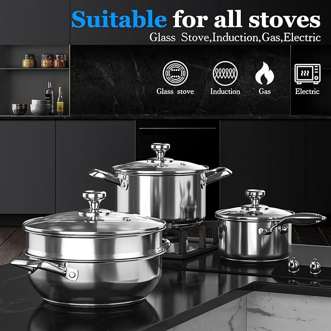 Pots and Pans Set,12-Piece Stainless Steel Cookware Set, Induction Ready Kitchen Cooking Set, Includes Saucepans, Stockpot, Steamer & Strainer Basket, Glass Lids, Dishwasher & Oven Safe
