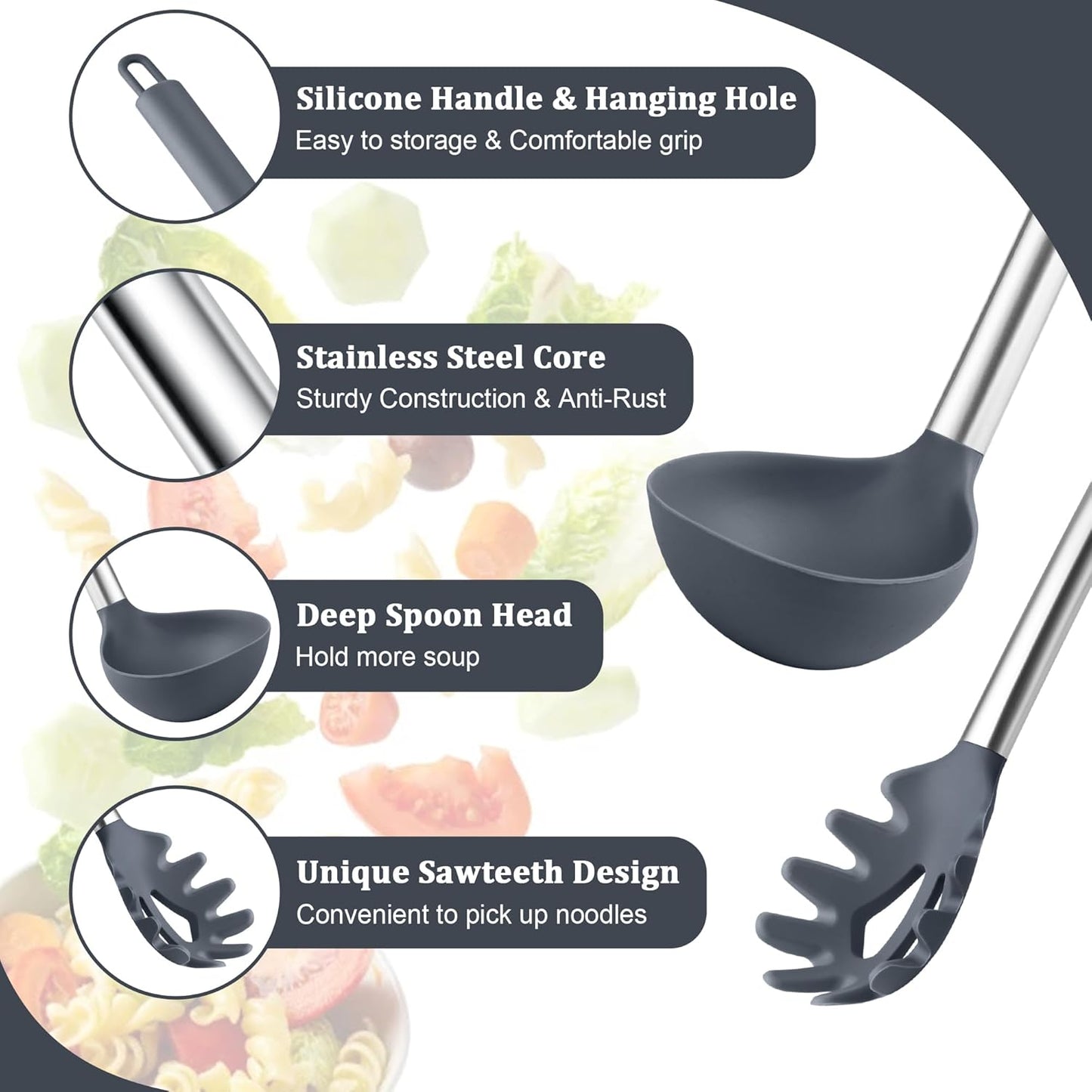 TeamFar Silicone Kitchen Utensils, 2 Pcs Large Nonstick Soup Ladle and Pasta Fork for Cooking Mixing Serving Soup, Sauce, Spaghetti, Eggs, Non-Toxic & Heat-Proof, Dishwasher Safe, Light Grey