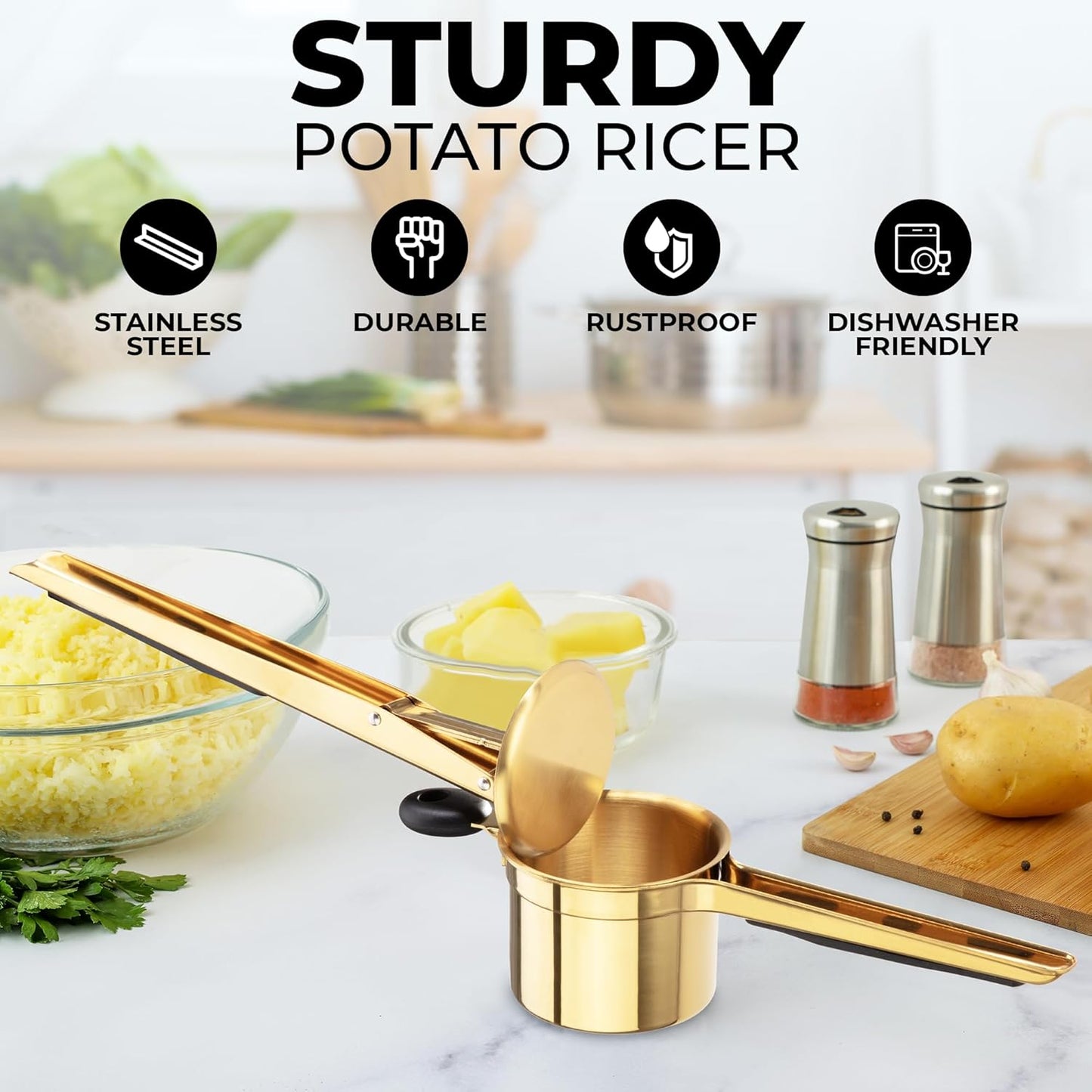 Zulay Kitchen Premium Large 15oz Potato Ricer, Heavy Duty Professional Stainless Steel Potato Masher and Ricer Kitchen Tool, Press and Mash Kitchen Gadget - Gold/Black