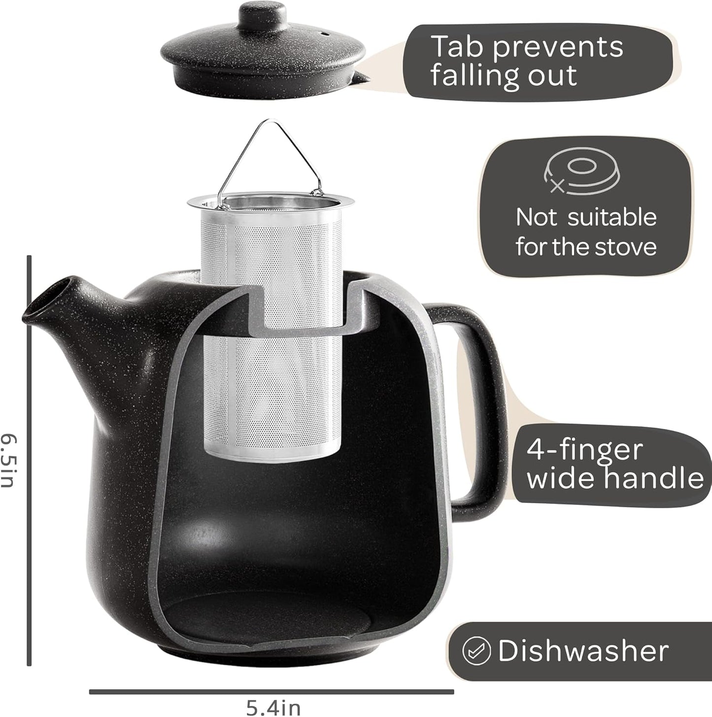Steinzeit Design Tea Pot (44 oz) - Premium Ceramic Teapot with Infuser for Loose Tea - Black Teapot Ceramic with Removable Strainer