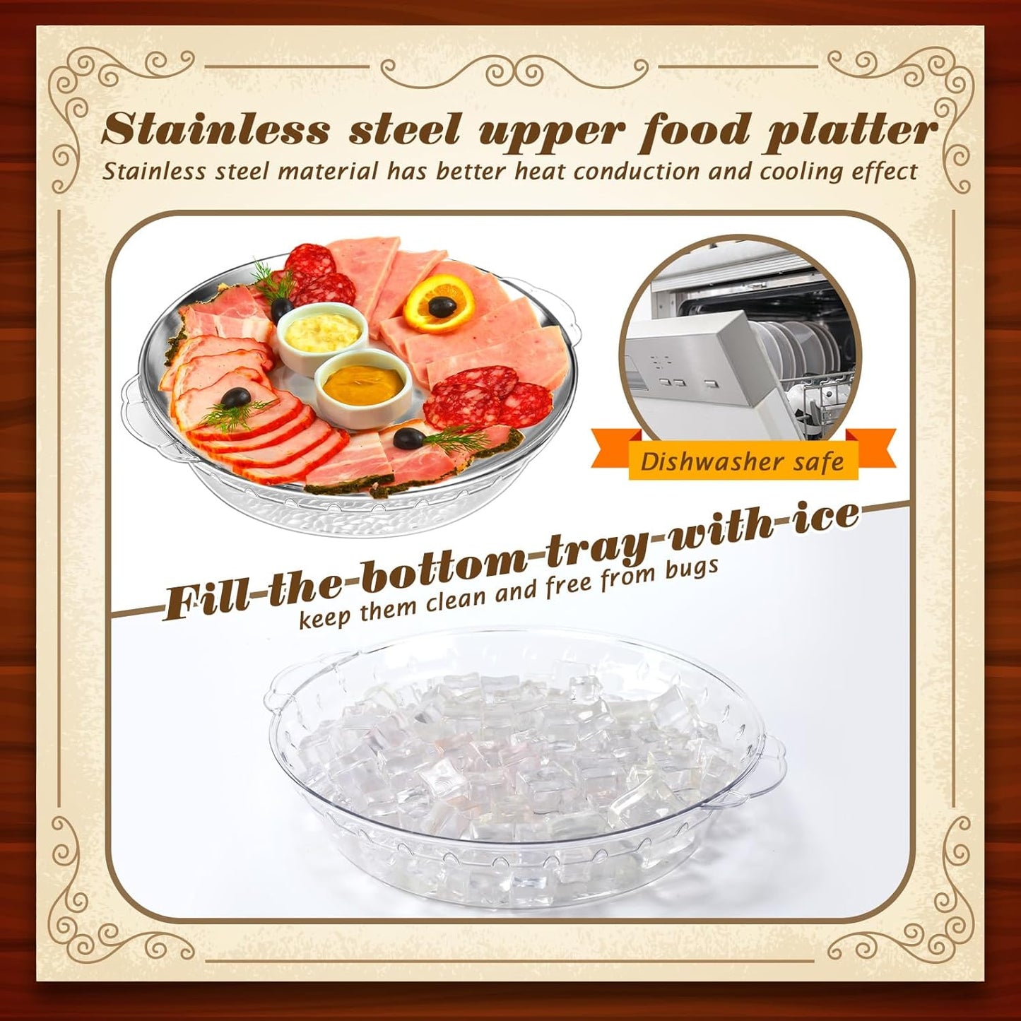 Baderke 9 Set 11.8" Chilled Serving Tray for Parties with Compartments Ice Chilled Party Platter Charcuterie Serving Board Cold Dish Dip for Fruit Seafood Vegetable Shrimp Cocktail (Natural)