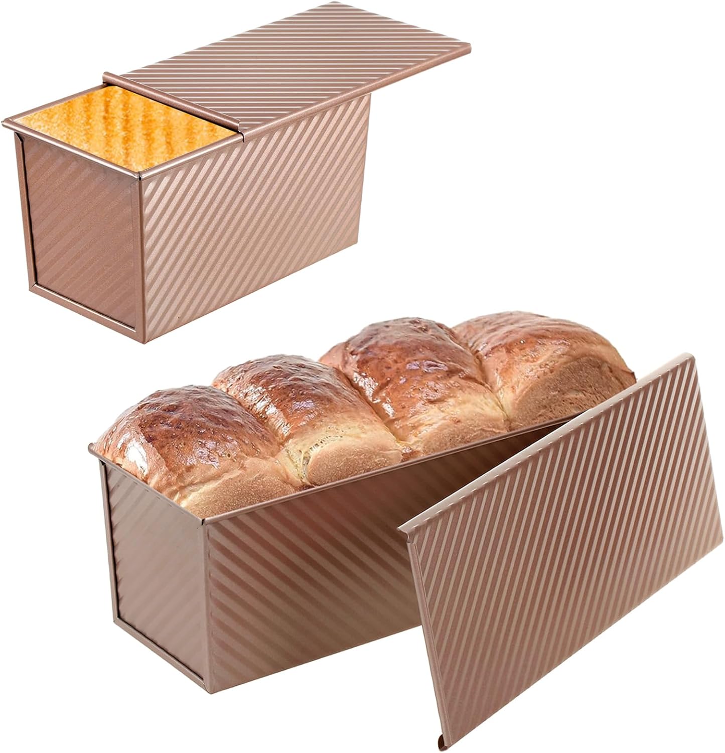 SS&CC Pullman Loaf Pan with Lid 2-Pack, 2.2lb & 1lb Carbon Steel Bread Pan for Homemade Sourdough & Sandwich Bread | Nonstick Bakeware, Heavy Duty & Easy Clean (Gold, 1lb+2.2lb)
