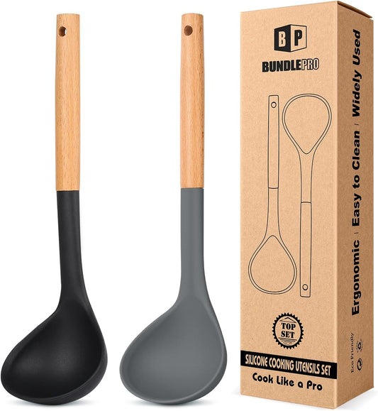 Pack of 2 Soup Ladle, Silicone Ladle Spoon with Wooden Handle, Large Non Stick High Heat Resistant Kitchen Utensils for Cooking, Stirring, Serving Soups(BLACK-GRAY)
