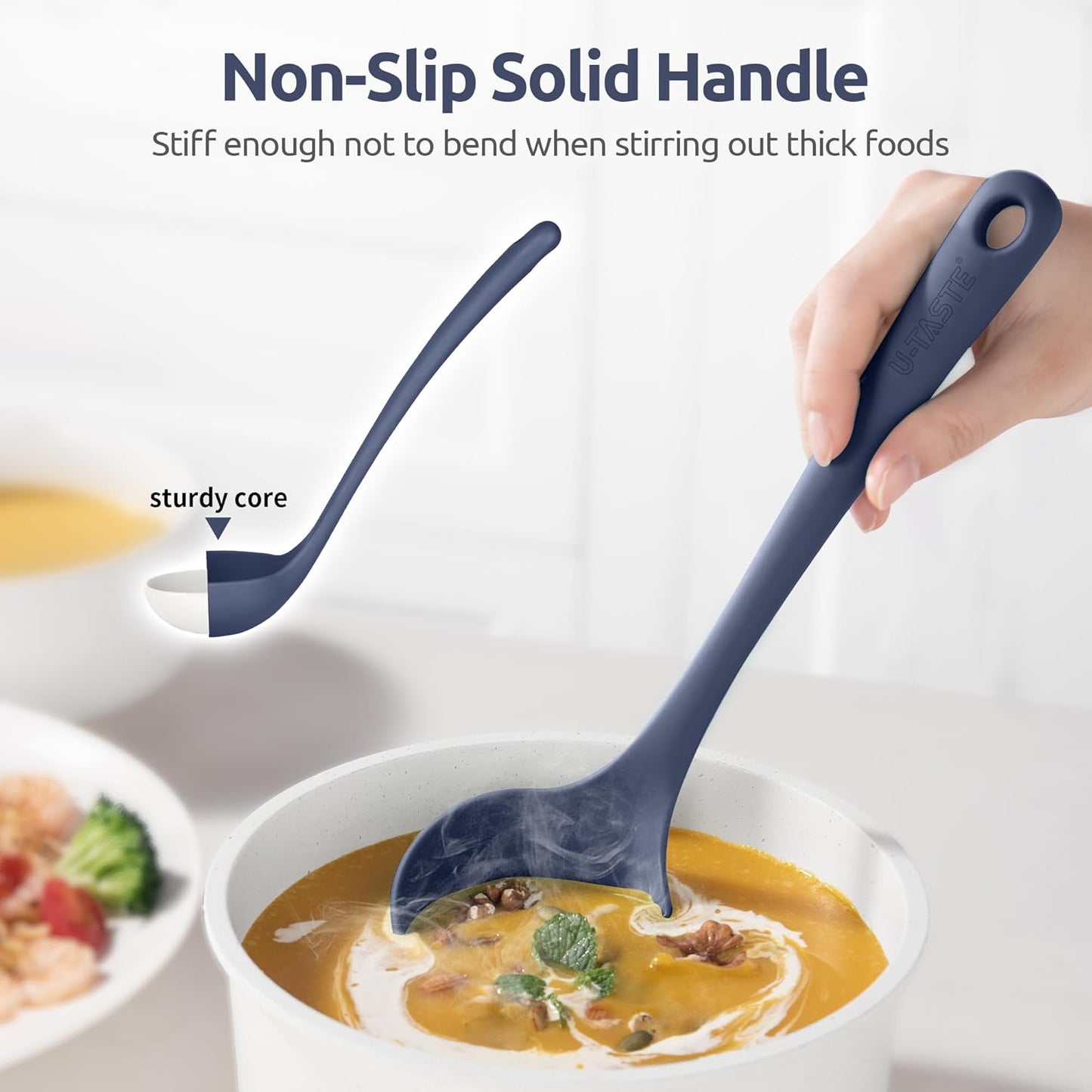2.6oz Small Silicone Soup Ladle: U-Taste 600ºF Heat Resistant Non-Stick Kitchen Deep Serving Spoon, Soft Cooking Utensil with Non-Slip Solid Handle for Mixing Sauce Stew Gravy (11in, Midnight Blue)