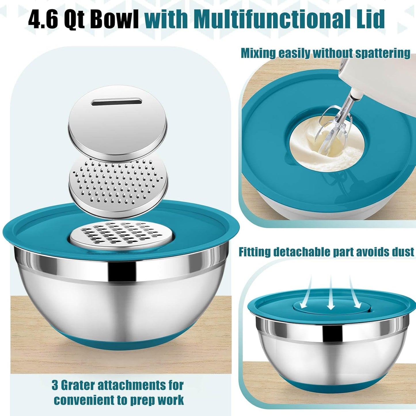 P&P CHEF Mixing Bowl with Lids Set of 3, Stainless Steel Nesting Salad Bowls for Serving Preparing, 3 Grater Attachments & Non-Slip Bottoms, Size 1.5/2.6/4.6 QT, Blue