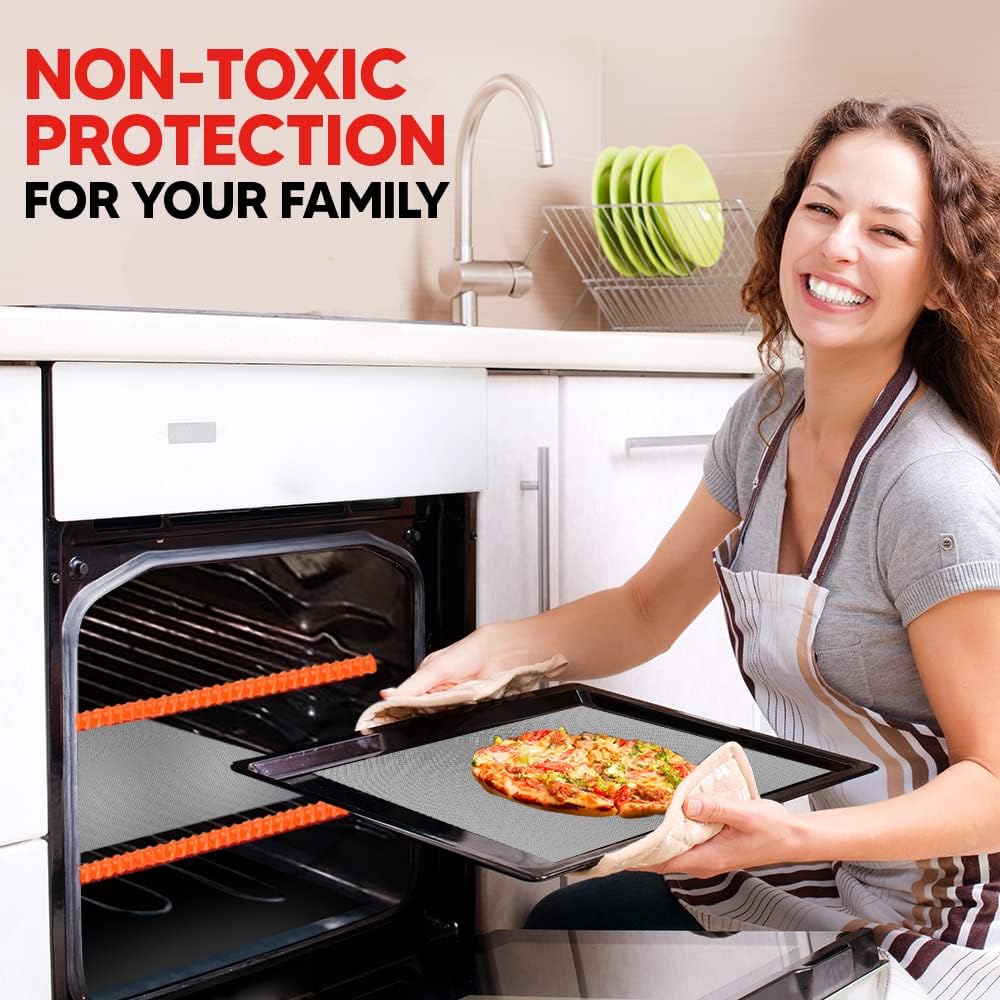 Oven Liners for Bottom of Oven Silver (2-pack) Bundled with Rack Shield (2-pack) - Large Mat for Bottom of Stove (17"x 25") and 14" Orange Range Guards for Racks - Reusable & Heat Resistant