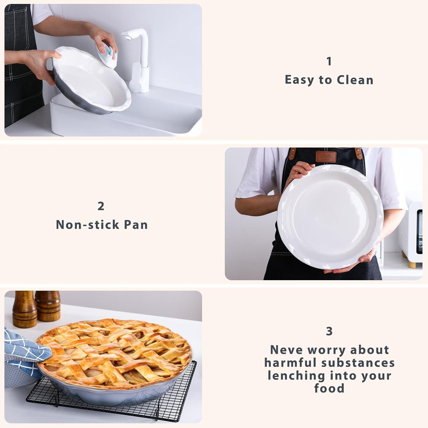 Lareina Ceramic 9 Inch Deep Dish Pie Pans, Set of 2, Grey, Non-Stick, Oven & Dishwasher Safe, Ideal for Baking Pies, Quiches, Cakes