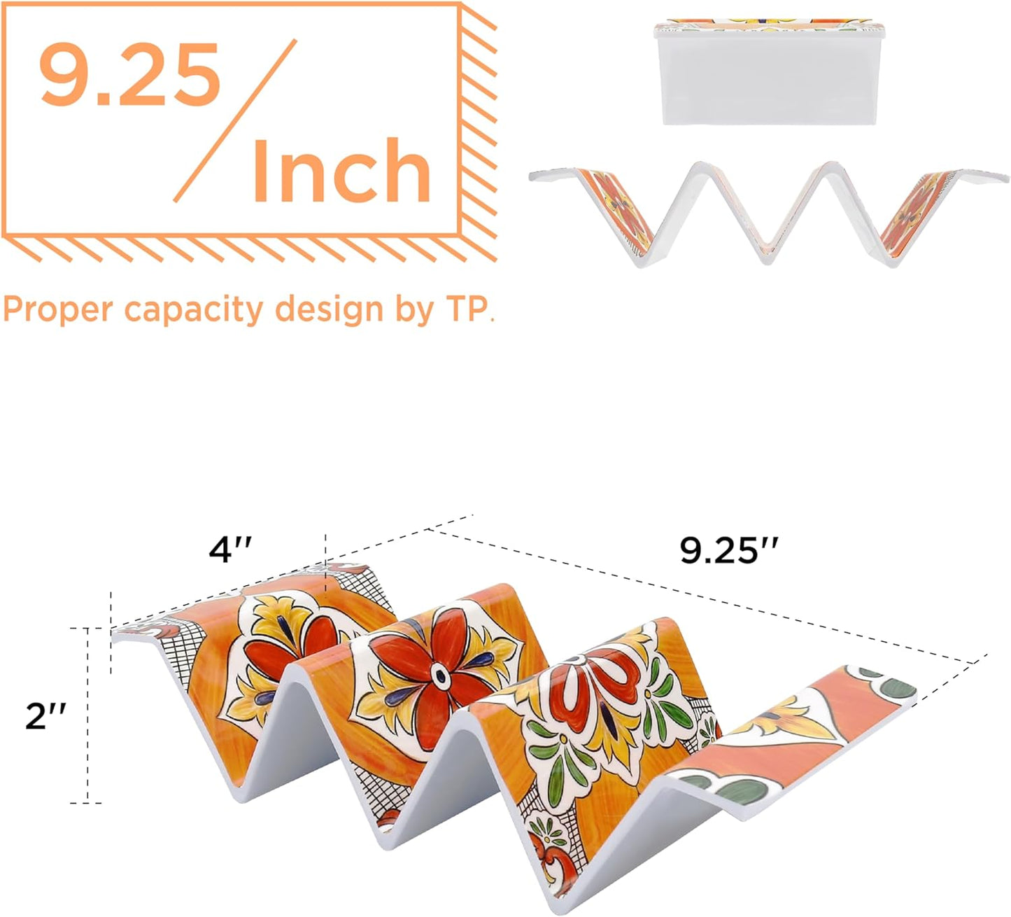 TP Taco Holder Stands, Set of 2 Melamine Large Taco Serving Rack Tray with Handle, Holds 3 Tacos, Dishwasher Safe, Ideal for Taco Night, Party, Home, Fiesta, Talavera Bloom