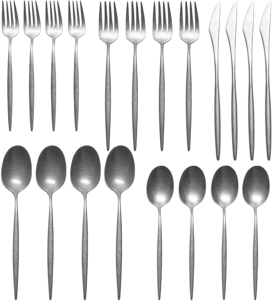 Luxury Vintage Flatware 20-Piece Set – Service for 4, Premium Stainless Steel with Weighted Handles, Aged Heirloom Finish, Dishwasher Safe, Elegant and Modern Cutlery (Vintage Silver)