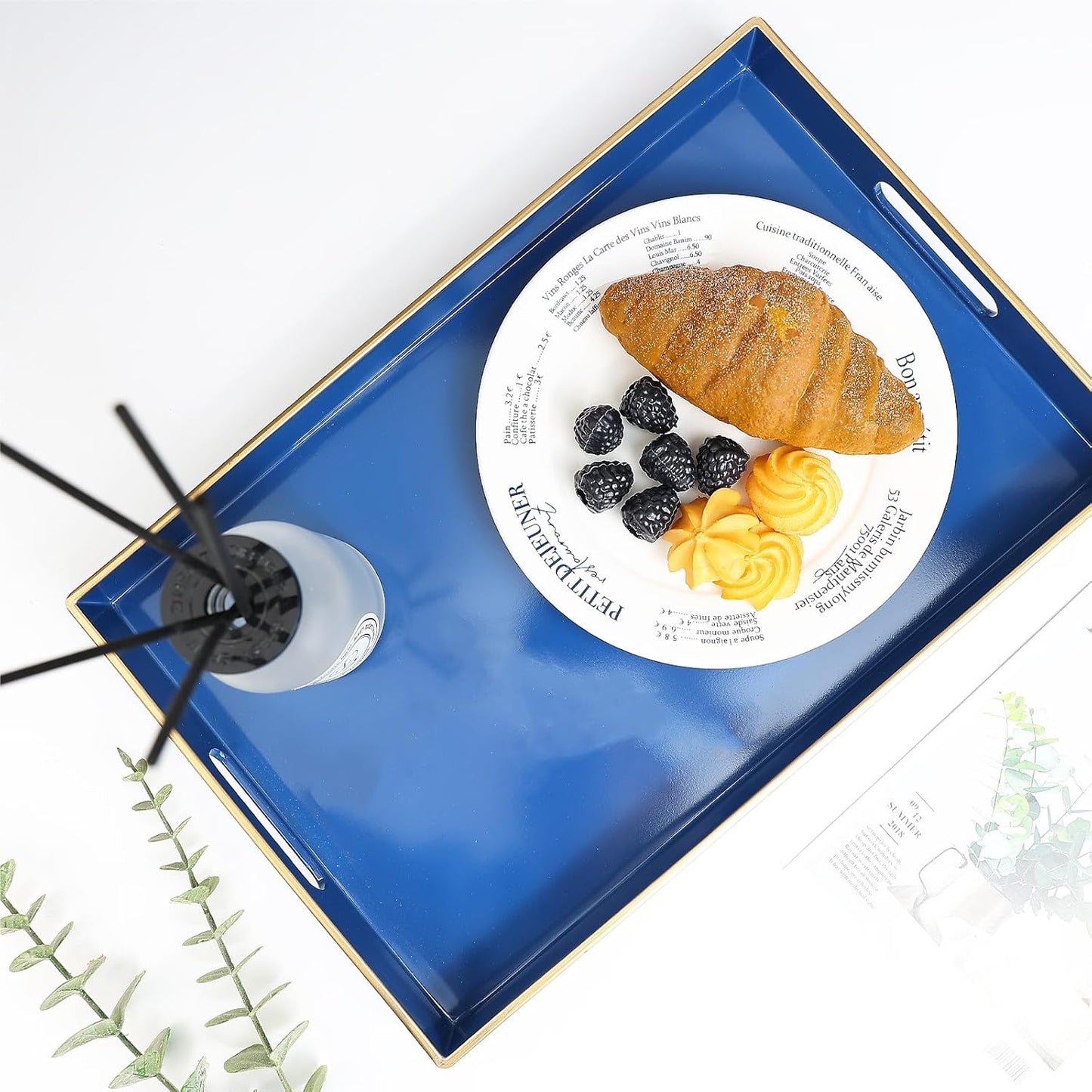 Spsyrine Blue Decorative Serving Tray with Handles, Elegant Plastic Coffee Table Tray for Ottoman, Living Room, Home Decor 15.6" X 10.2"