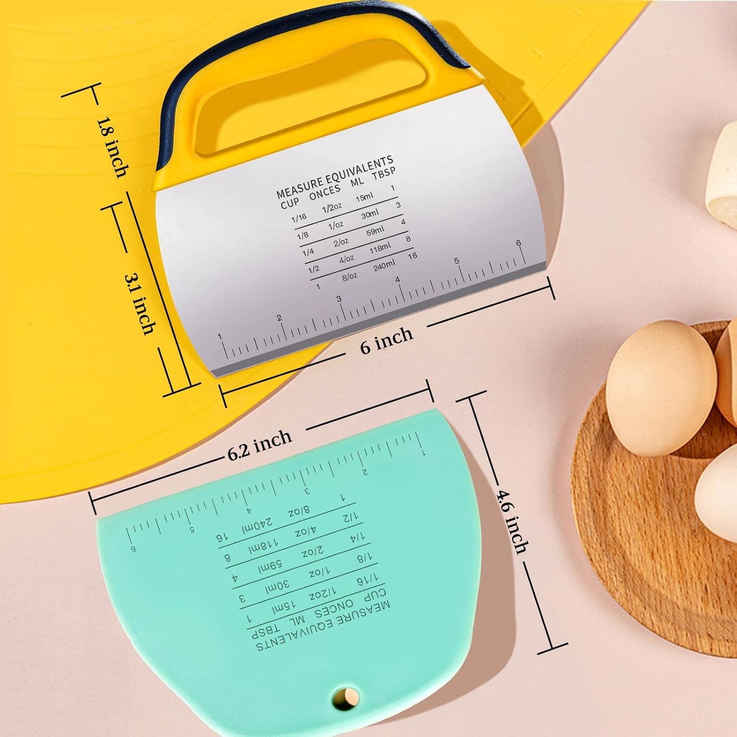 YGDZ Dough Scraper 2 PCS, Stainless Steel Bench Scraper With Grip, Plastic Dough Cutter with Measuring Scale, Multipurpose Pizza Cutter, Pastry Scraper, Bread Scraper for Baking, Dough, Cake