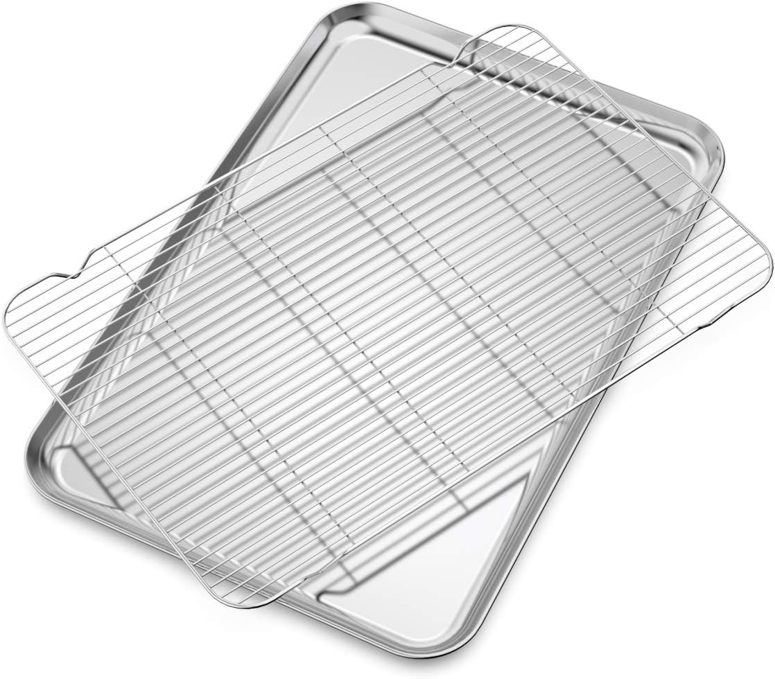 Large Set Baking Sheet and Cooling Rack Set, Bastwe 24L x 16W x 1H inch Professional Bakeware, Healthy & Nontoxic & Rustproof & Easy Clean