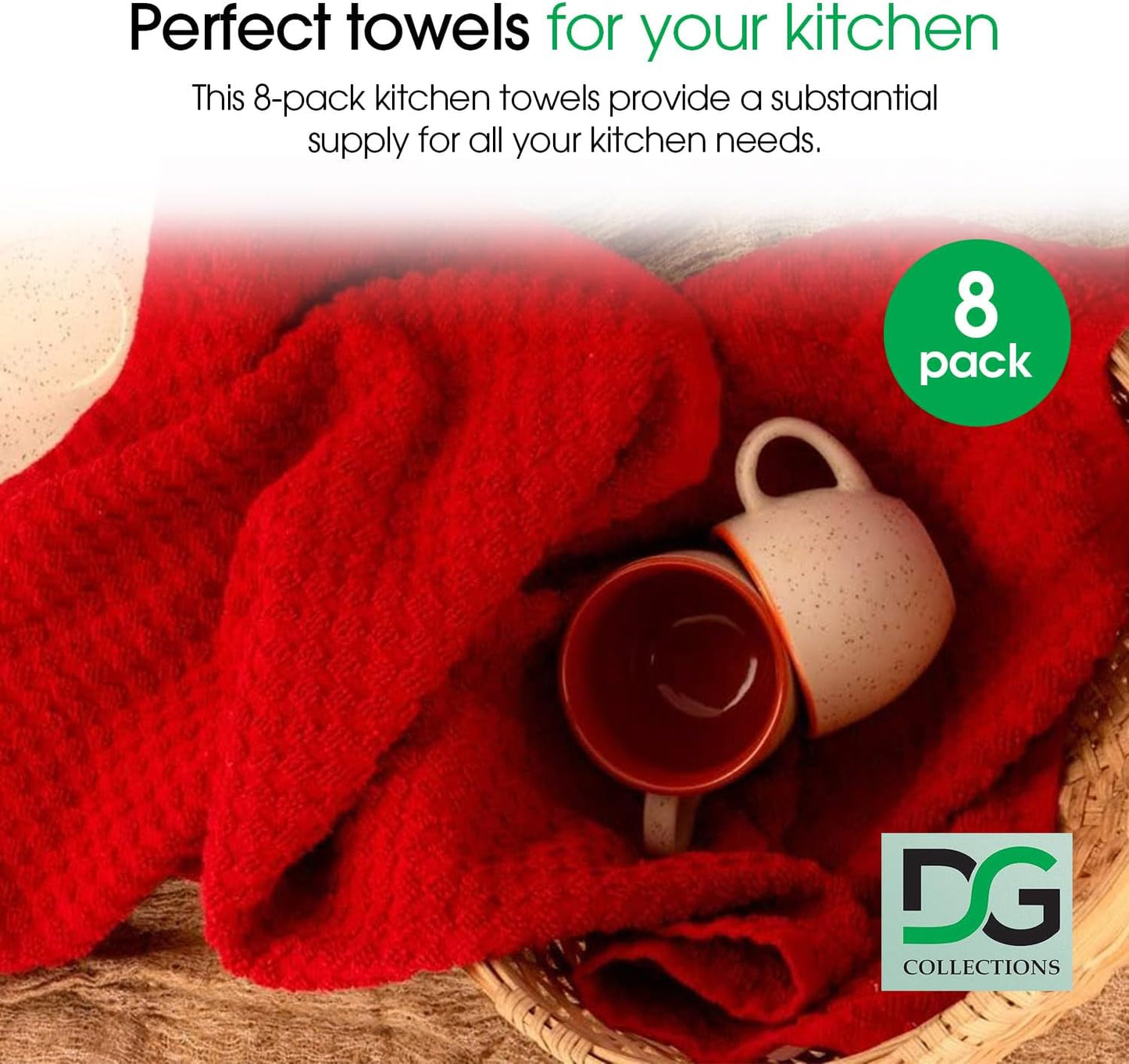 DG Collections Terry Dish Towels, 100% Cotton Kitchen Towels, Set of 8 (15x25 inch) Hand Towels - 400 GSM, Absorbent Terry Cloth Dish Towels for Kitchen, Soft Tea Towels - Red Color