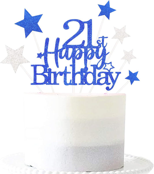 Glittery 21st Happy Birthday Cake Topper with Star,Personalised 21 Birthday Cake Toppers Party Decorations Party Supplies for Boys Girls Blue