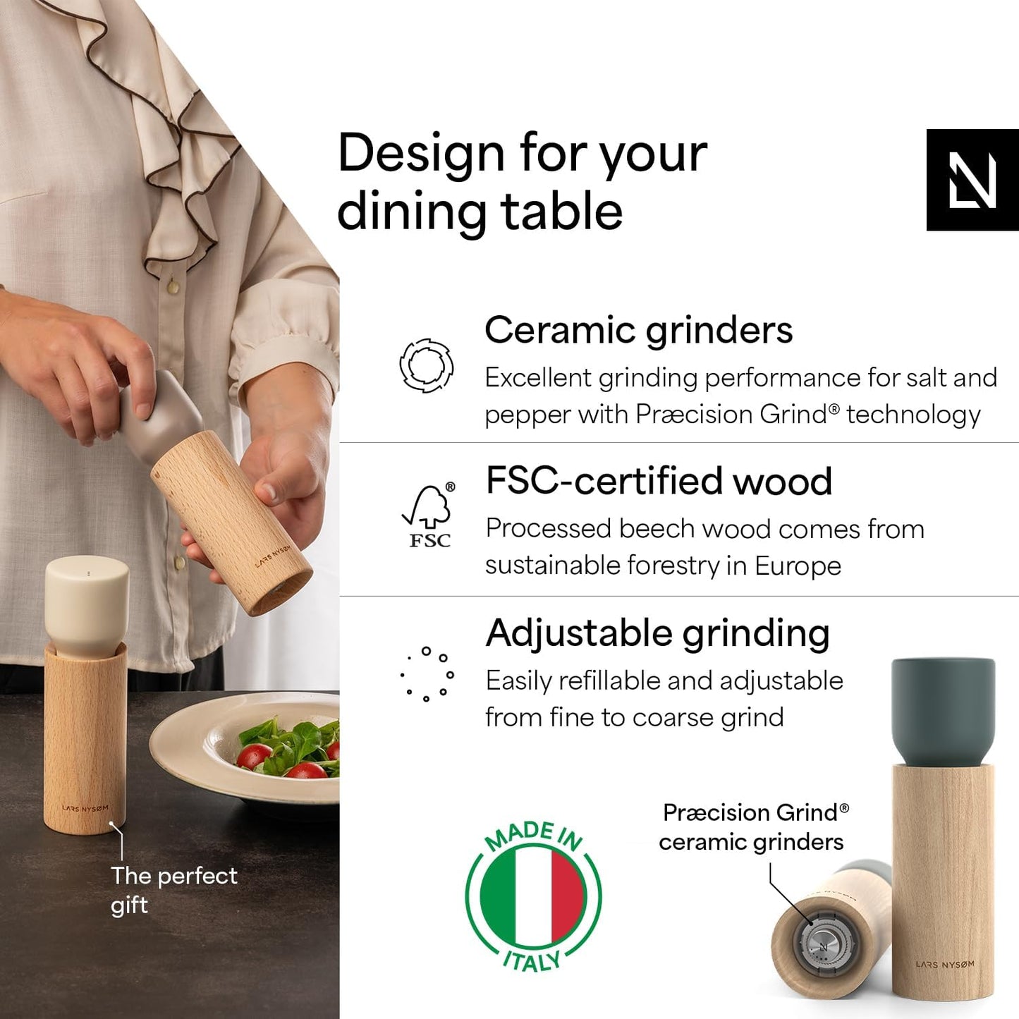 LARS NYSØM Wooden Salt and Pepper Grinder Set Manual - Salt and Pepper Mills with Adjustable Ceramic Grinder - Elegant Beechwood Pepper and Salt Mill Set for Dining Table (Blue/Gray)