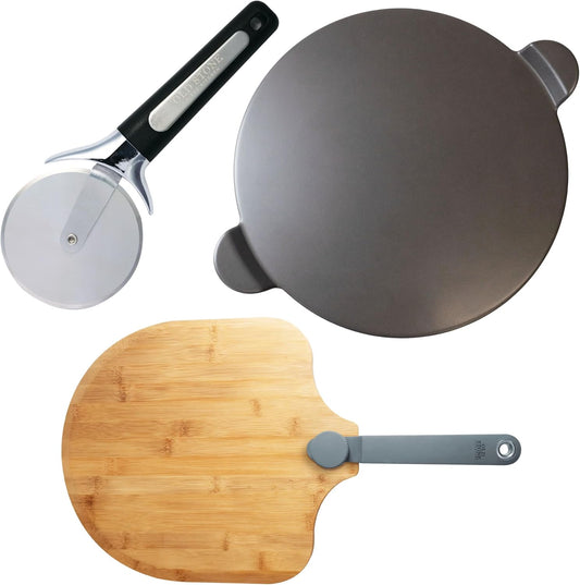 Old Stone Pizza Making Kit, Includes 15-inch Round Glazed Pizza Stone, Bamboo Pizza Peel, and Pizza Cutter