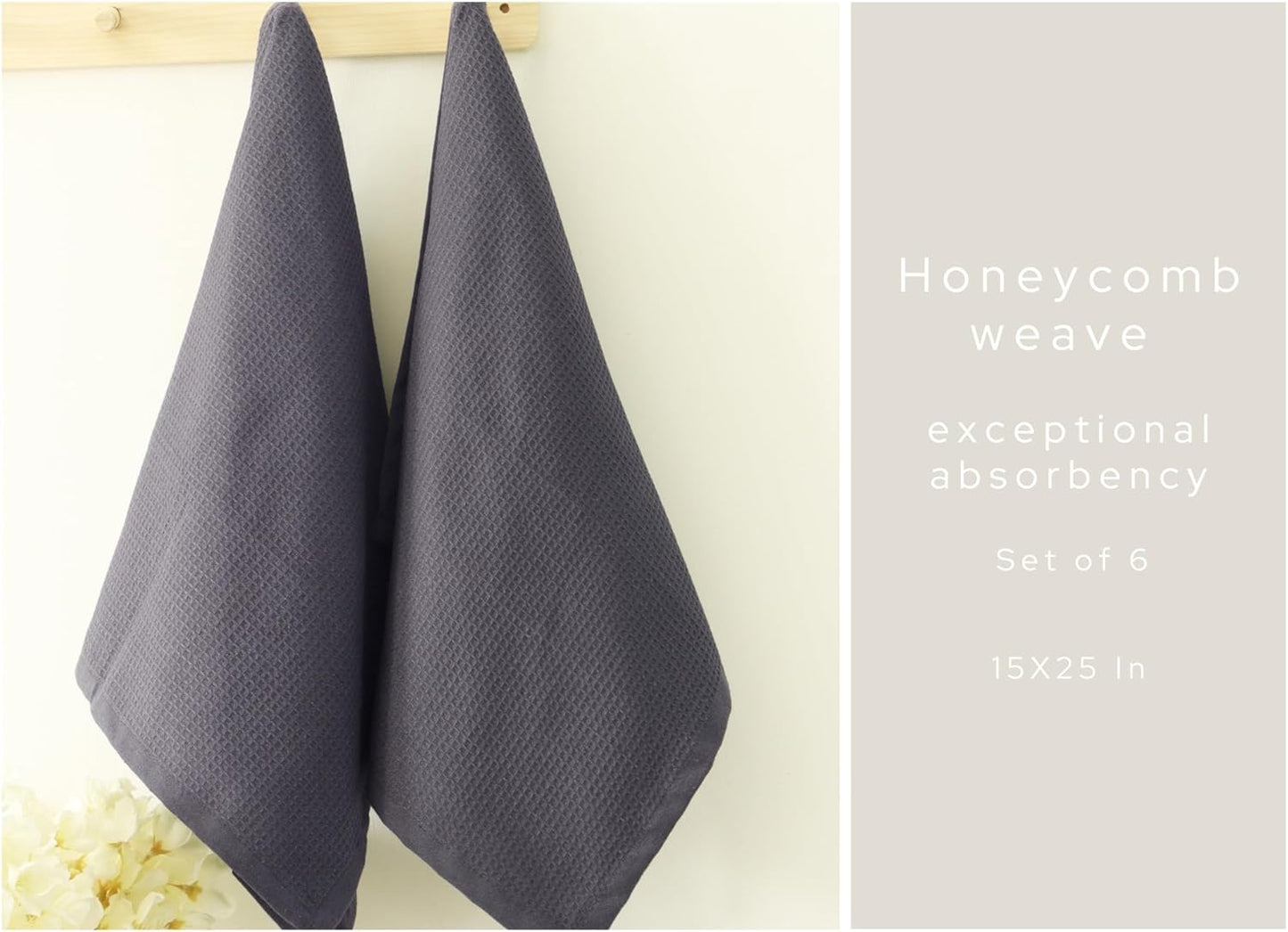 PurpleEssences Waffle Weave Kitchen Towel, 100% Cotton - 15 x 25 Inches, with Hanging Loop Ultra Soft Absorbent Quick Drying Dish Cloth, Tea and Hand Towels, 4 Pack - Spring Summer - Dark Grey