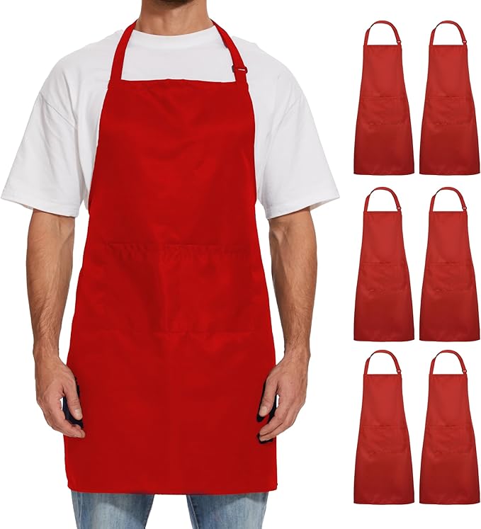 Will Well Kitchen Apron for Men and Women - 33" x 27" Oil-and-Water-Resistant with Adjustable Neck Strap and 38" Waist Ties for a Snug Fit, Lightweight with 2 Front Pockets - 6-Pack, Red