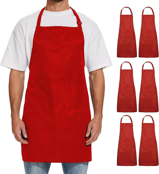 Will Well Kitchen Apron for Men and Women - 33" x 27" Oil-and-Water-Resistant with Adjustable Neck Strap and 38" Waist Ties for a Snug Fit, Lightweight with 2 Front Pockets - 6-Pack, Red