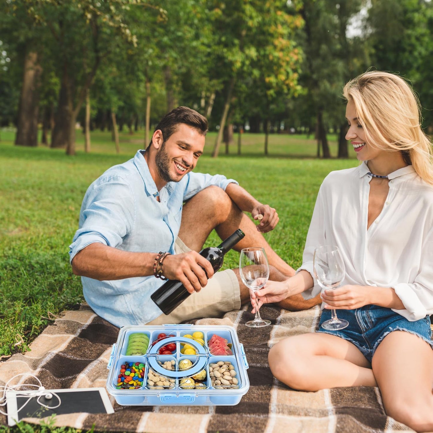 Divided Serving Tray with Lid and Handle,8 Compartments Snacks Box,Snack Fruit Veggie Tray,Portable Platter for Candy Fruits Nuts Snack Party Entertaining Picnic (2PCS Blue)