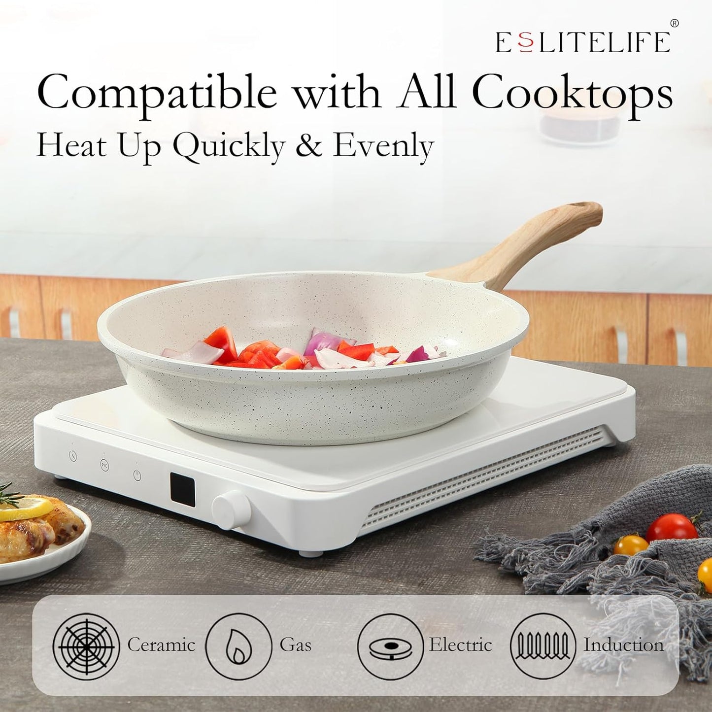 ESLITE LIFE Nonstick Ceramic Frying Pan Skillet, Non-Toxic Egg Omelette Kitchen Cooking Pans Compatible with All Stovetops (Gas, Electric & Induction), PTFE & PFOA Free (White, 9.5'')