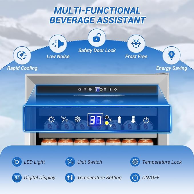 24" Beverage Refrigerator Cooler Under Counter, 180-Can Capacity, 24 Inch Wide Built-In Beer & Drink Fridge with Glass Door With Metal Basket for Home, Bar & Office