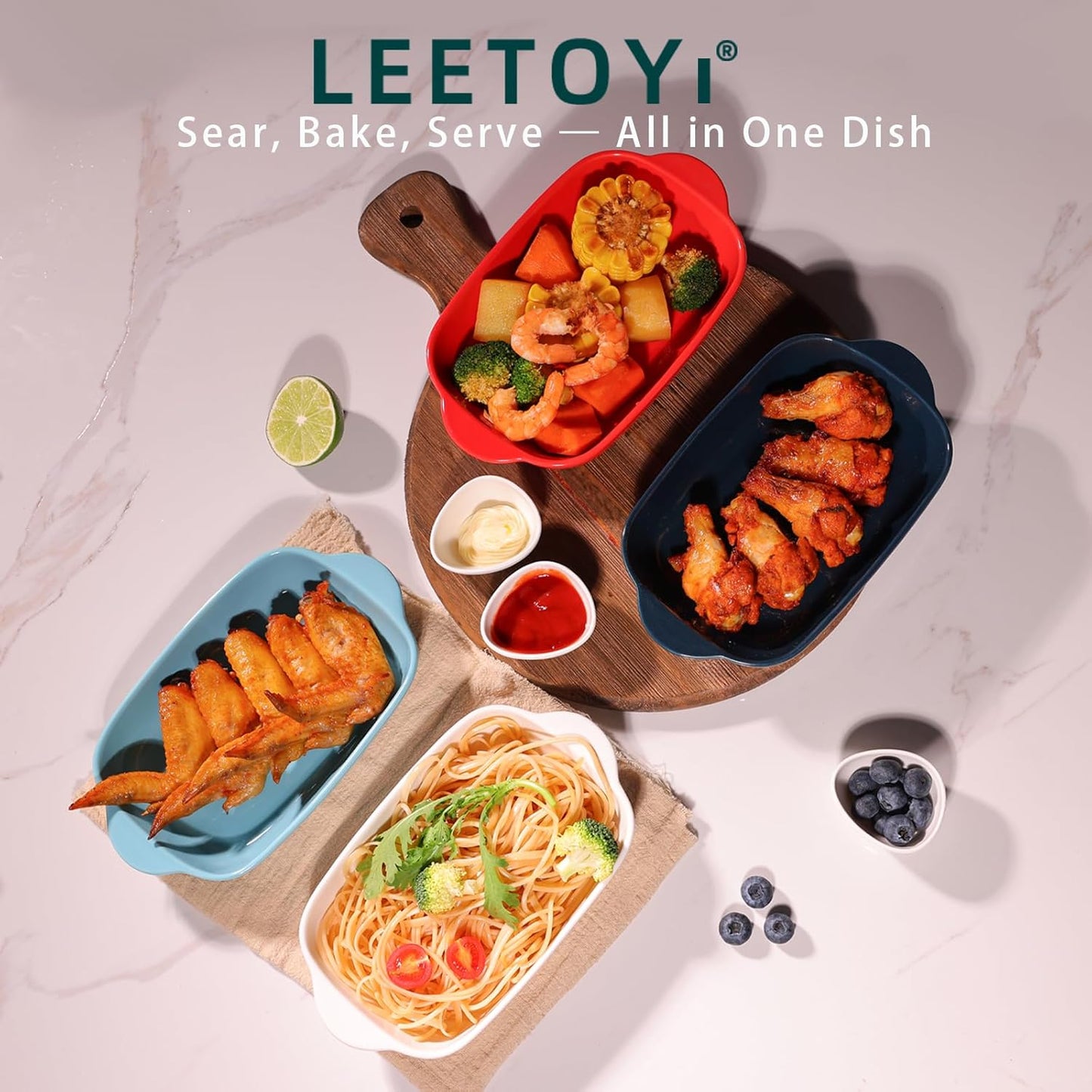 LEETOYI Ceramic Small Baking Dish 7.5-Inch Set of 4, Rectangular Bakeware with Double Handle, Baking Pans for Cooking and Cake Dinner (Turquoise)