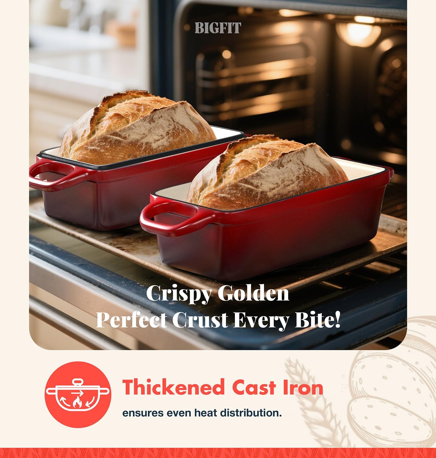 2 IN 1 Cast Iron Bread Loaf Pan with Lid, 3.4QT 9x5 Inch Dutch Oven for Bread Baking, Even Heating Bread Oven, Enameled Bread Pan for Homemade Sourdough Bread Baking & Versatile Cooking, Red