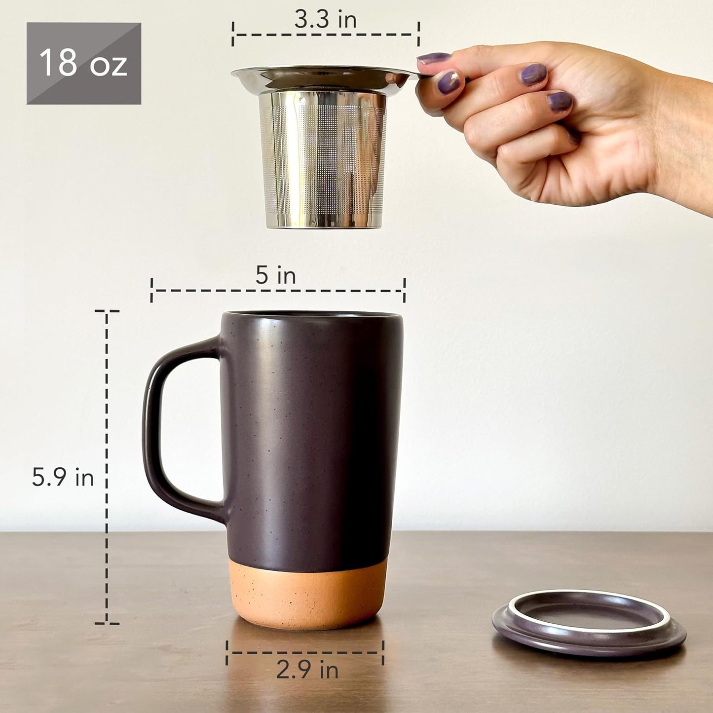 Mora Ceramics Large Tea Mug with Loose Leaf Infuser and Ceramic Lid, 18 oz, Portable, Microwave, Dishwasher Safe, Tall Coffee Cup - Rustic Matte Ceramic Glaze, Modern Herbal Tea Strainer, Nightwaves