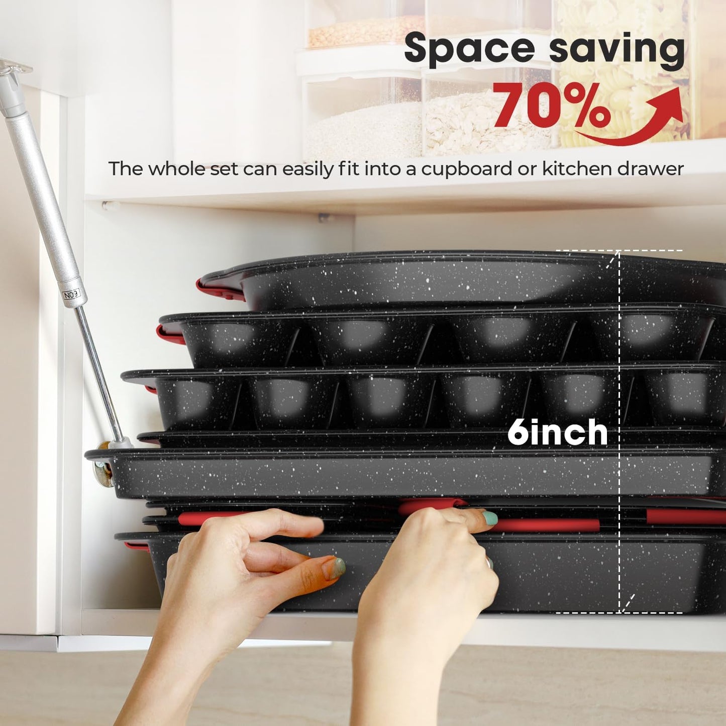 11-Piece Nonstick Stackable Baking Pans Set, Toxin-Free Bakeware Sets, Baking Pan Set with Silicone Handles, Includes Cookie Sheets, Loaf Pan, Pizza Pan, Muffin Pan, Red&Black