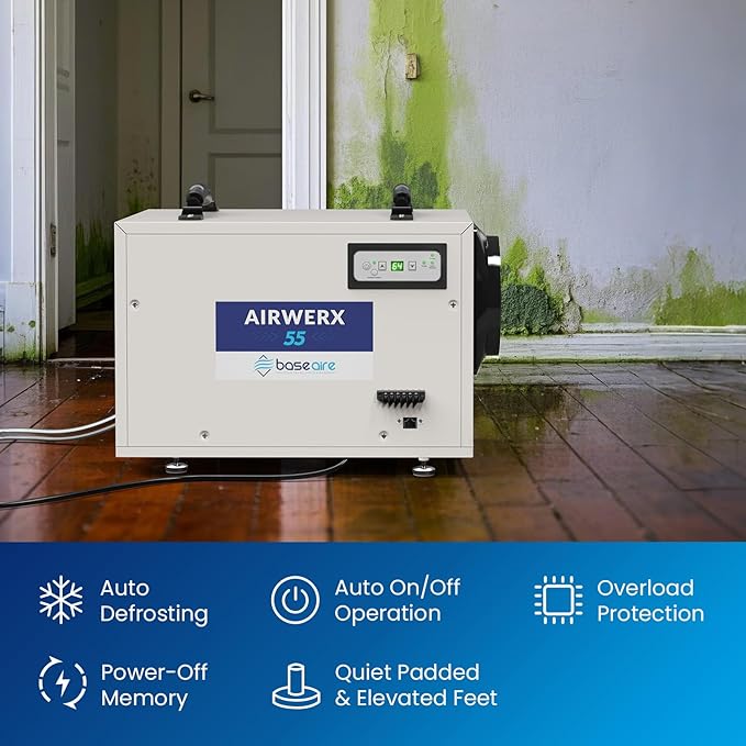 BaseAire Crawlspace Dehumidifier,113 Pints Commercial Dehumidifiers with Drain Hose for Whole House Basement, Industry, Compact, Auto Defrost, Memory Starting, Up to 1200 Sq Ft