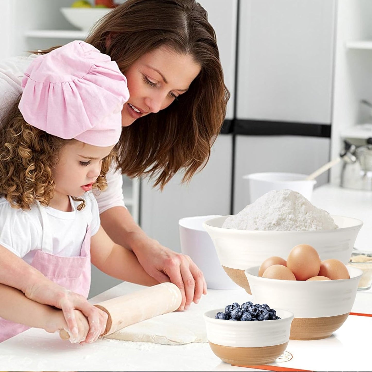 Hasense Ceramic Mixing Bowls, Large Salad Pasta Bowls Set, 2.1/1.0/0.5 Qt Serving Bowls for Entertaining, White Nesting Batter Bowls for Prepping Baking, Dishwasher Microwave Safe, Set of 3