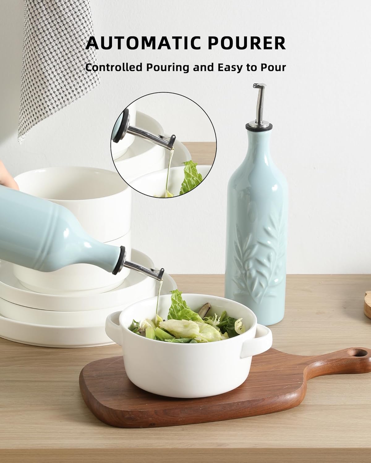 Sweejar Large Ceramic Olive Oil Dispenser Bottle, Opaque Oil Cruet Protects to Reduce Oxidation, Suitable For Storage Of Vinegar, Soy Sauce & Other Liquids, Pack of 1, 24 Fl Oz (Light Blue)