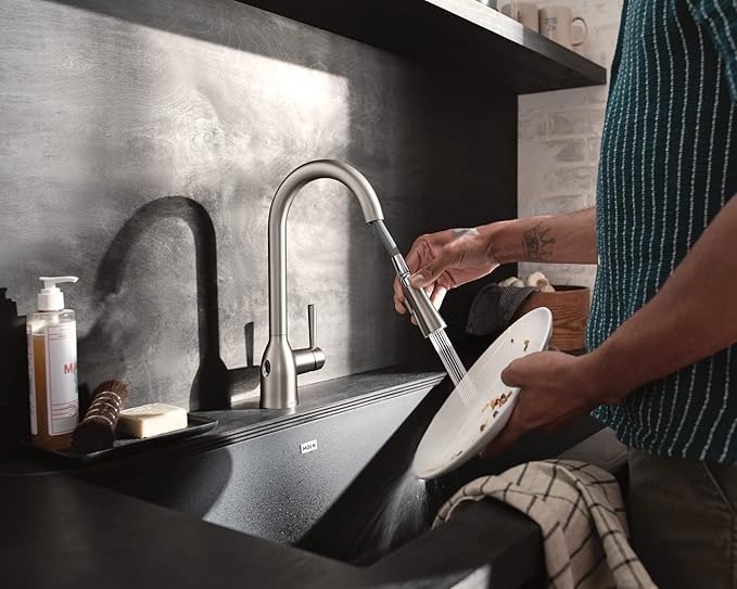 Moen Adler Touchless Spot Resist Stainless Kitchen Pulldown Faucet, 87233EWSRS + Moen Spot Resist Stainless Kitchen Soap Dispenser, 3942SRS
