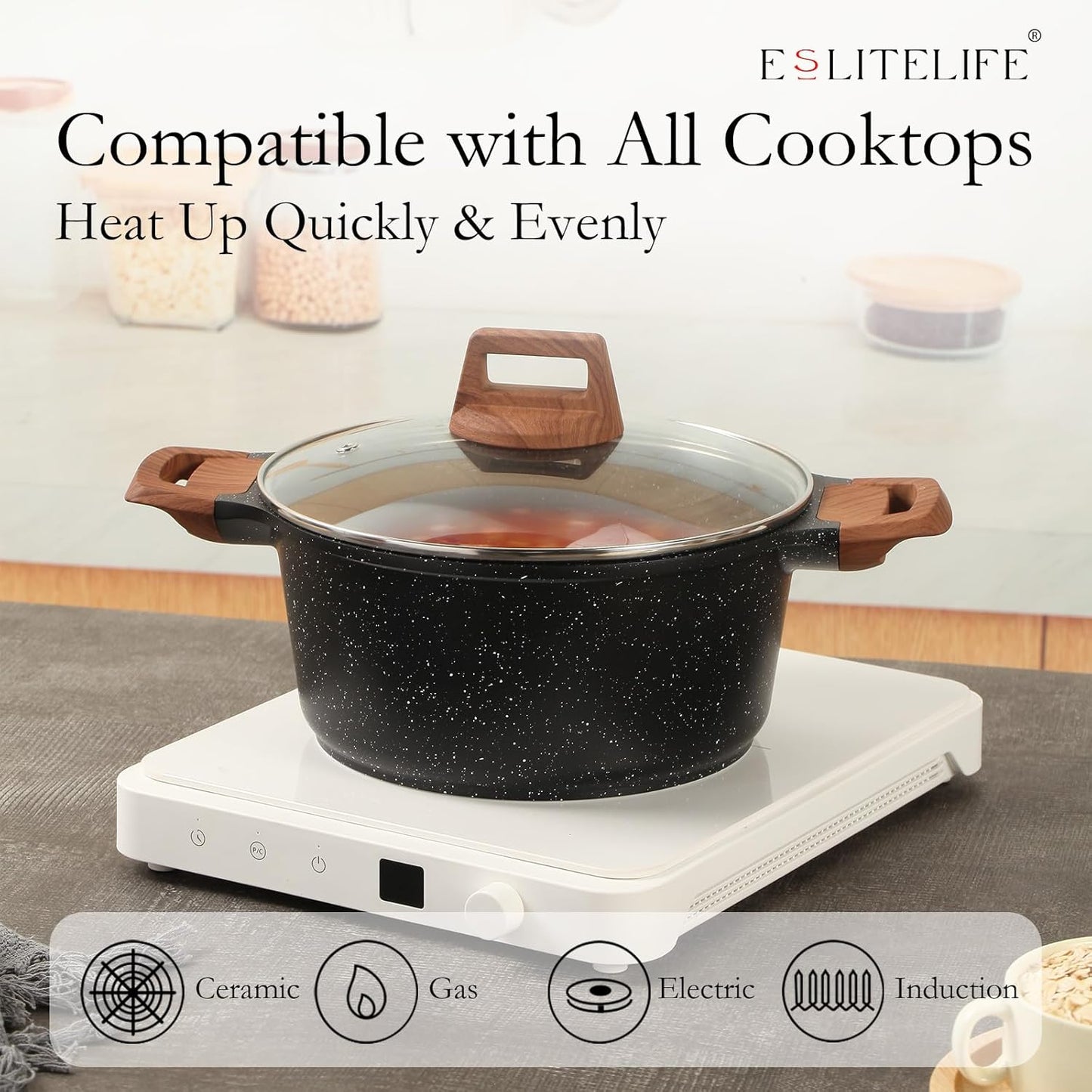 ESLITE LIFE Nonstick Stock Pot with Lid, 5 Quart Granite Casserole Large Soup Pot Pasta Cooking Pot, Induction Compatible, PTFE & PFOA Free, Black