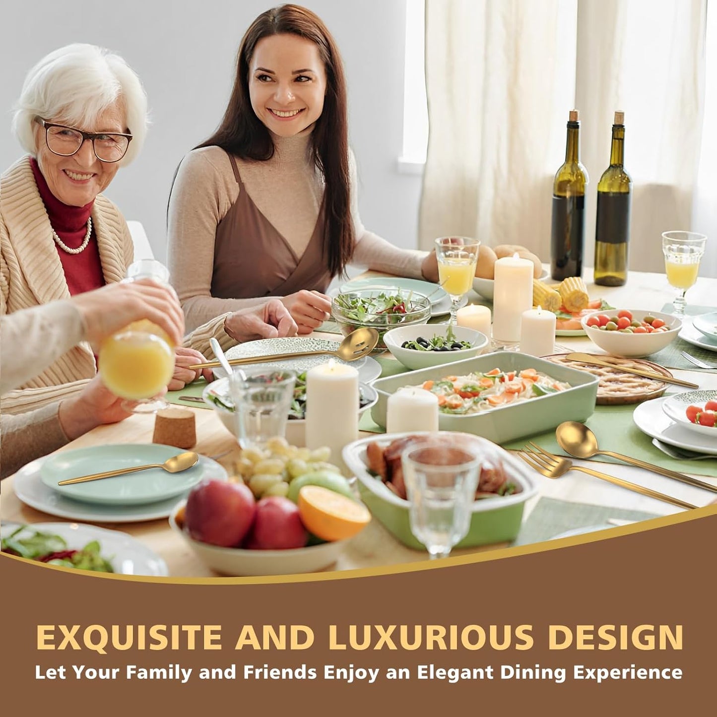 Matte Gold Serving Set，Oliviola 5-Piece Stainless Steel Large Hostess Set with Round Edge, Satin Finished, Dishwasher Safe -Large Spoon, Large Fork,Butter Knife，Sugar Spoon & Slotted Spoon