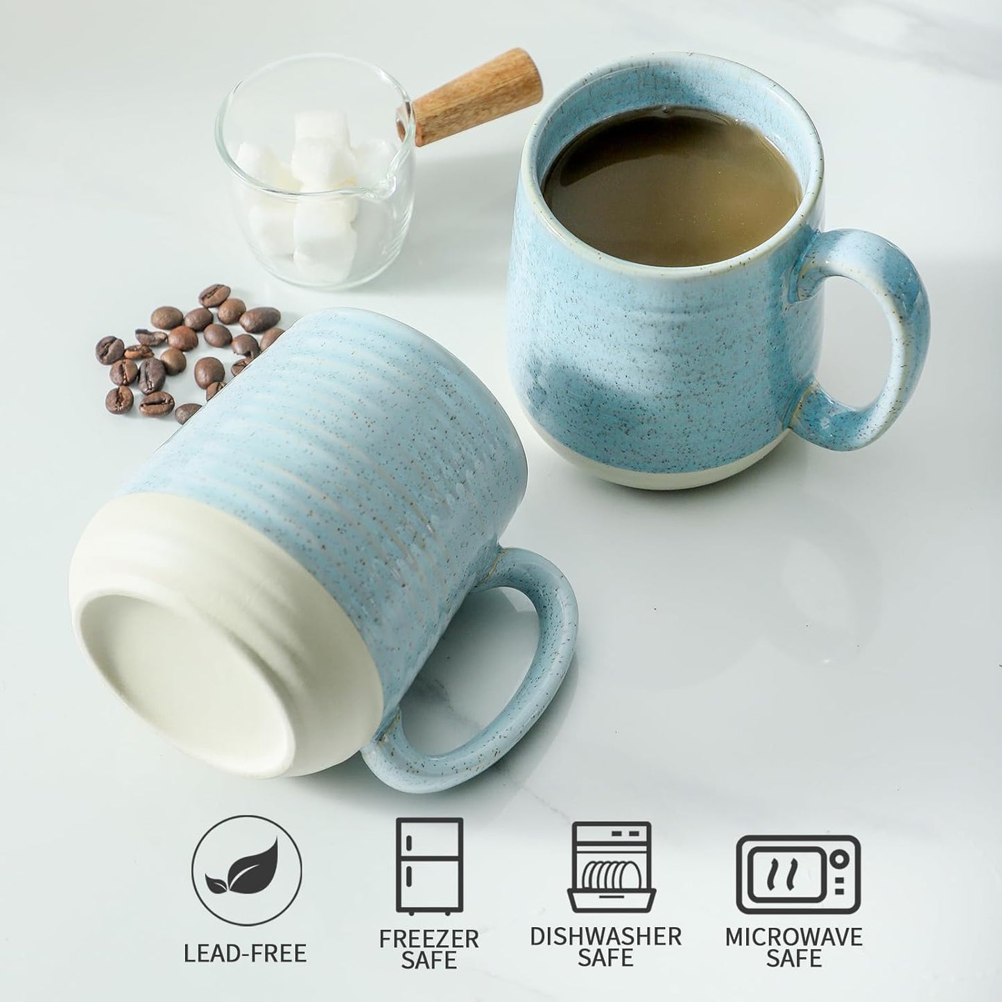 Hasense Ceramic Coffee Mugs, 15 Oz Coffee Cup with Handle Set of 4, Large Coffee Mug for Men, Modern Latte Cup for Cappuccino, Tea, Cocoa, Microwave & Dishwasher Safe, Birthday Gift, Light Blue