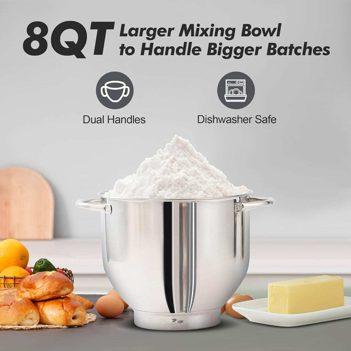 Aucma Stand Mixer, 900W 8QT Large Kitchen Mixer, Kitchen Electric Mixers with Dough Hook, Wire Whip & Beater (Gray, 8QT)