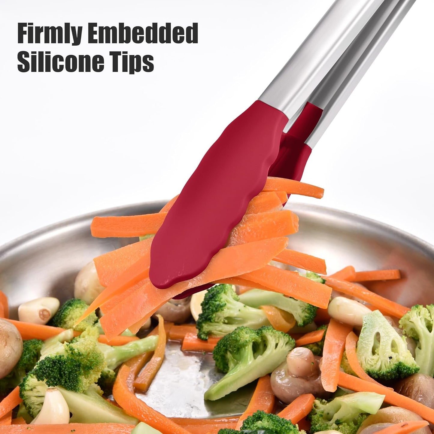 Doosu Kitchen Tongs for Cooking - 600°F Heat Resistant Food Tong with Non-Scratch Silicone Tips, Heavy Duty Stainless Steel Locking Tong for BBQ, Grilling Steak, Serving Salad, Pasta (12in, Red)