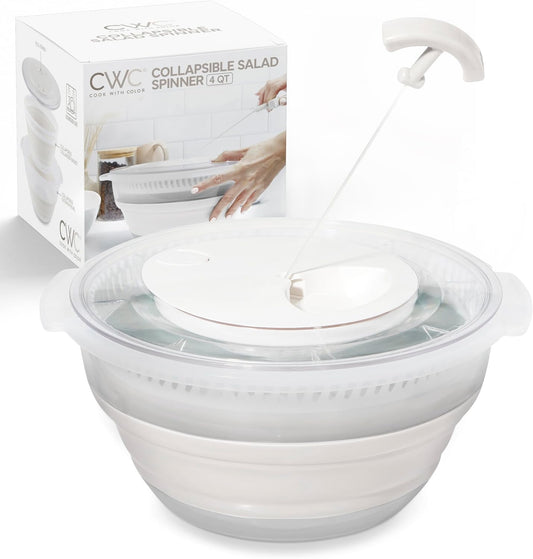 COOK WITH COLOR Collapsible Salad Spinner - 4 QT Space Saving Lettuce Dryer with Folding Collapsible Colander Great for Washing and Drying Fruit and Vegetables (White)