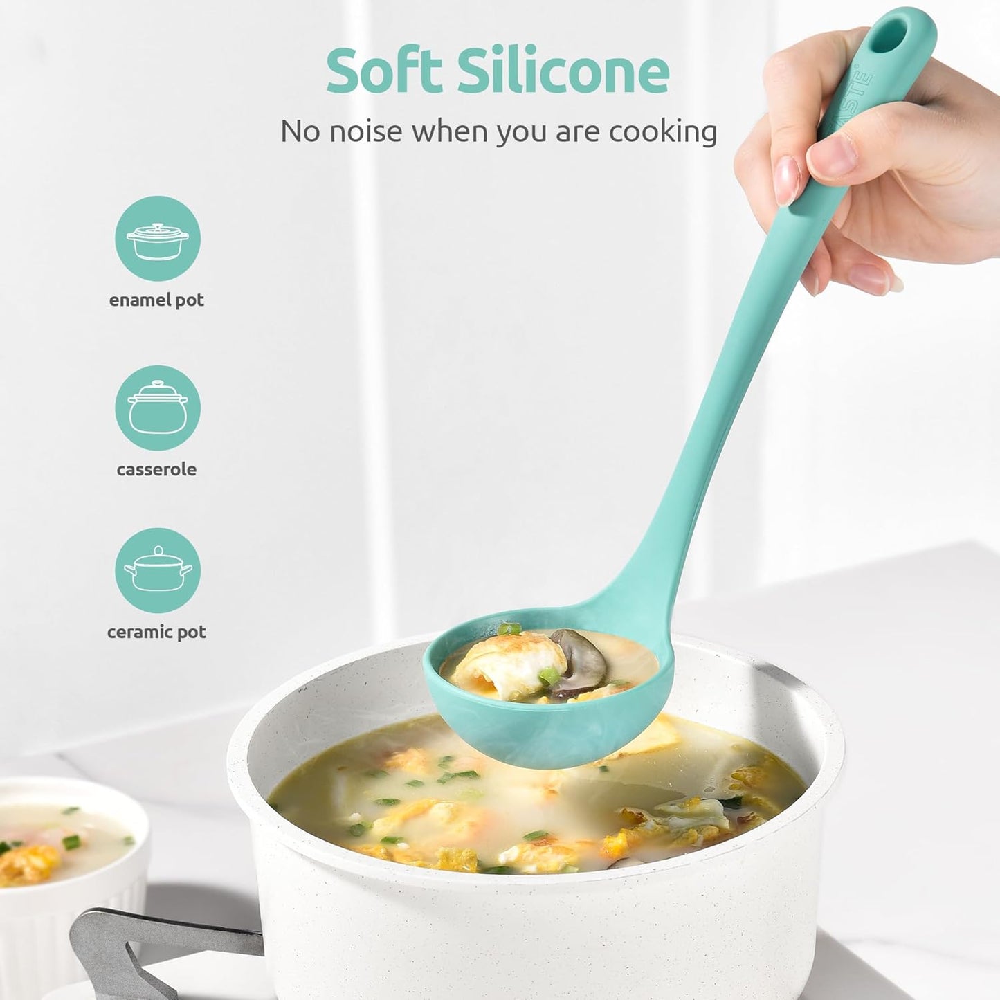 2.6oz Small Silicone Soup Ladle: U-Taste 600ºF Heat Resistant Non-Stick Kitchen Deep Serving Spoon, Soft Cooking Utensil with Non-Slip Solid Handle for Mixing Sauce Stew Gravy (11in, Aqua Sky)