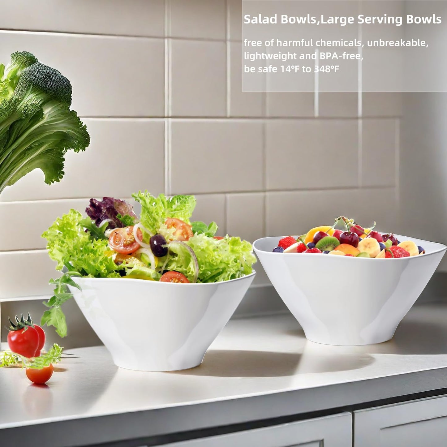 Qxbekmor 10" Salad Bowls, 114 oz. Unbreakable Plastic Serving Bowls for Salads, Fruits, Entertaining, Dinner Parties, Microwave & Dishwasher Safe, BPA-free, Set of 2